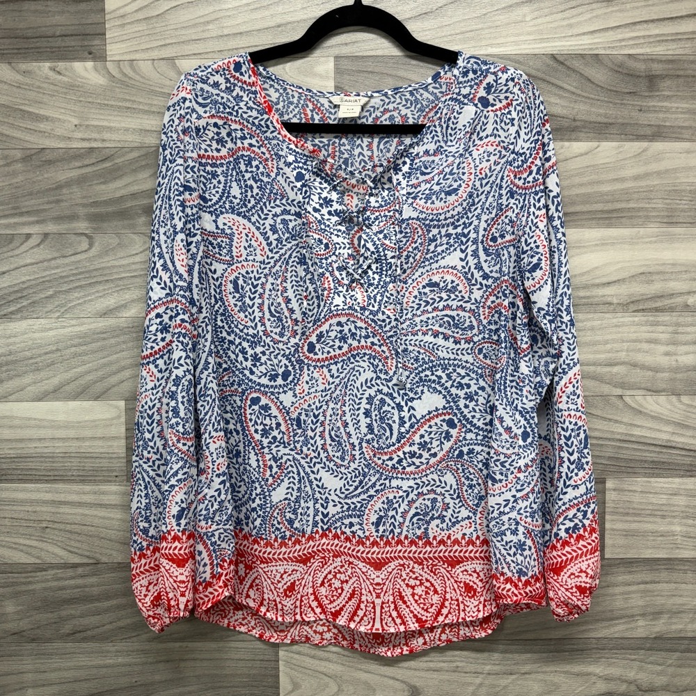 Ariat Blouse Women's Small Blue Paisley Casual Long Sleeve Lace Up V-Neck Top